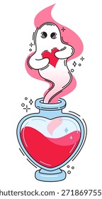 Fantasma amistoso con el corazón rojo vuela fuera del frasco. San Valentín. Poción del amor en una botella aislada en el fondo blanco. Carácter lindo del fantasma de Halloween, criatura encantadora agradable. Vector