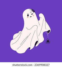 Friendly ghost with sad face. Scary spiders with web crawling on sad spook. Tarantula hanging on cute phantom. Helloween spirit fly. Halloween party decoration. Flat isolated vector illustration