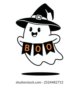 Friendly Ghost Wearing a Witch Hat with Boo Banner Illustration