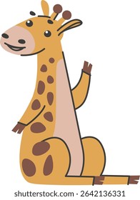 A friendly giraffe is depicted in a playful hand-drawn style with simple shapes and lines. The charming creature sits calmly, extending one arm in a welcoming gesture. Cartoon vector illustration
