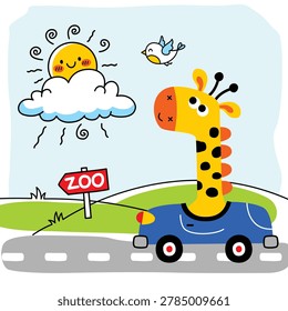 Friendly giraffe driving small blue car on road leading to zoo sign with bright sun and bird above. Animal travel concept