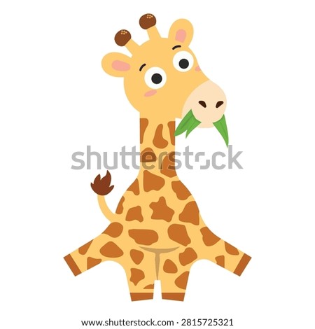 Friendly giraffe enjoying fresh leaves, ideal for children books, educational materials, nursery posters, stickers, greeting cards, and animal themed projects.
