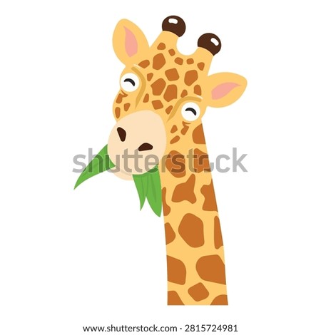Friendly giraffe head enjoying fresh leaves, ideal for children books, educational materials, nursery posters, stickers, greeting cards, and animal themed projects.
