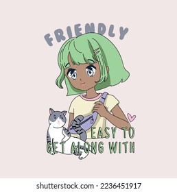 friendly girl cat illustration easy to get along with vector graphic design cute art fun happy children baby kids kid boy fashion trend character young drawing beauty
