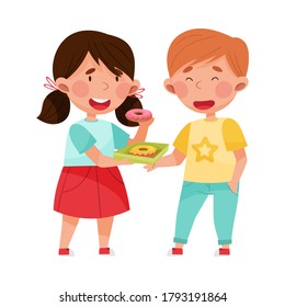 Friendly Girl Character Sharing Doughnut with Her Agemate Boy Vector Illustration