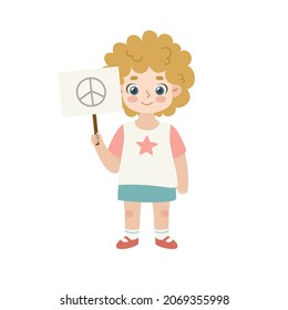 Friendly girl hold plate with peace sign. Cute child with curl blond hair show banner on a stick.