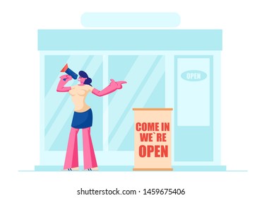 Friendly Girl Promoter, Owner or Seller with Megaphone Inviting People to Visit Opening Shop or Cafe Standing at Store Entrance, Boutique Open Event, Marketing. Cartoon Flat Vector Illustration