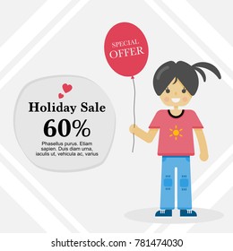 A Friendly girl with the red balloon in her hand, she is standing beside a big lovely Holiday sale sign, the light gray background make message stand out, can use in a print advertising, web banner