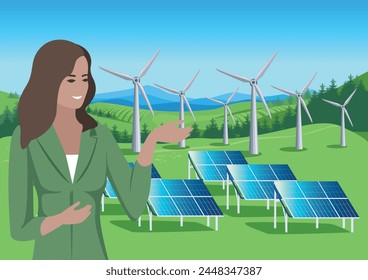 A friendly girl shows wind generators and solar panels against the backdrop of a beautiful landscape. Green energy. Protection of ecology and environment. Horizontal vector illustration.