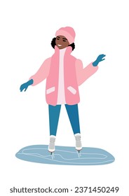 Friendly girl skates on ice and shows with her hand. Active winter sports and recreation. Vector illustration on a white background.