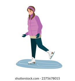 Friendly girl skates on ice and shows with her hand. Active winter sports and recreation. Vector illustration on a white background.