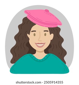 Friendly girl smiling hand drawn flat. Woman with dark wavy hair in sweater and beret. Female portrait. Vector art image.