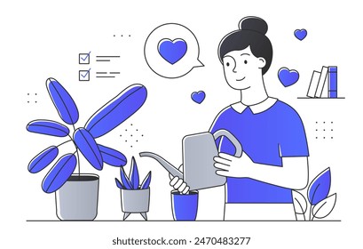 A friendly girl watering flowers. Young girl with watering can near flowerpot. Gardening and horticulture, botany. Linear flat vector illustration isolated on white background