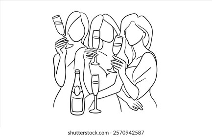 Friendly girls continuous line art drawing isolated on white background. Hands toasting with wine glasses with drinks. Cheers toast festive decoration for holidays. Vector illustration