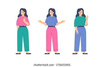 Las chicas amigas son gestos de saludo. Joven saludando o despidiéndose. Ilustración vectorial plana