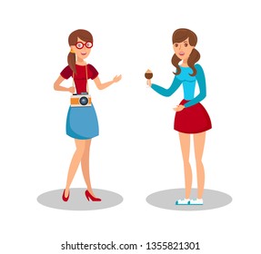 Friendly Girls Meeting Flat Color Illustration. Young Women in Casual Garments Cartoon Characters. Cheerful Girlfriends in Summer Clothes Discussion, Talk. Camera, Chocolate Dessert