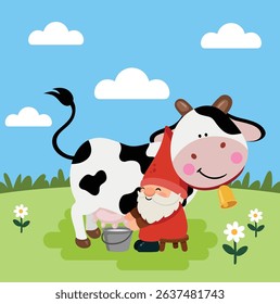 Friendly Gnome Milking a Happy Cow
