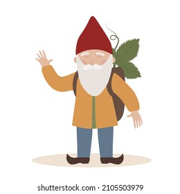 Friendly gnome with white beard, red cap and basket. Cute fairy garden dwarf costume and hat. Strawberry leaves in a bag. Vector illustration isolated on white.