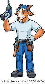 personagem de desenho animado de cabra amigável com roupas e equipamentos de faz-tudo
