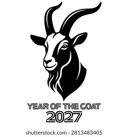 Friendly Goat Head Portrait for Chinese New Year 2027, Year of the Goat Zodiac Mascot Logo, Black and White Capra Head Vector Illustration
