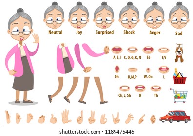 Freundliche Oma in rosafarbener Bluse und grauem Rock. Kreation mit verschiedenen Gesichtsgefühlen, Handgesten, Lippen und Gegenständen. Persönlichkeitskonstruktor für weibliche Rentner für benutzerdefinierte Animation, Vektorgrafik