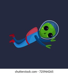Friendly green alien with big eyes wearing blue space suit flying in Space, alien positive character cartoon vector Illustration