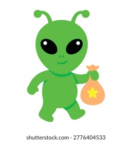 A friendly green alien character standing and holding a small beige treasure bag with a yellow star icon. A simple, playful design isolated on a clean white background.