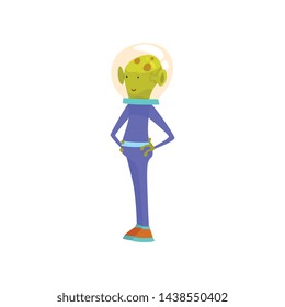 Friendly Green Alien, Funny Humanoid Cartoon Character in Blue Space Suit and Helmet Vector Illustration