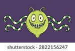 Friendly green alien monster with multiple striped tentacles smiles happily on a dark purple background space.