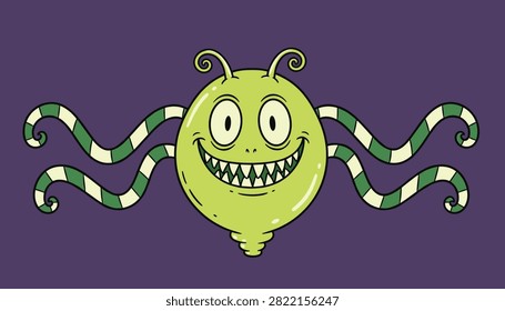 Friendly green alien monster with multiple striped tentacles smiles happily on a dark purple background space.