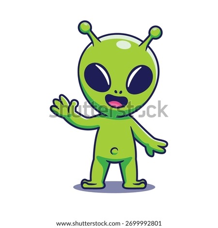 Friendly Green Alien Waving Hello in Cartoon Style Illustration