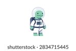 A friendly green alien wearing a white astronaut suit with a backpack and helmet, standing against a white background.