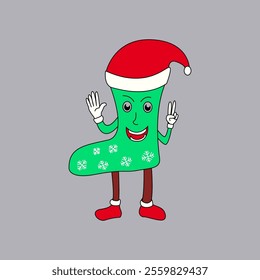 A friendly green Christmas stocking wearing a Santa hat, waving and smiling. Perfect for holiday greeting cards, social media, and festive decorations. 