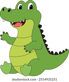 A friendly green crocodile cartoon character sitting and smiling. Perfect for children's books, illustrations, and designs related to animals, nature, and fun