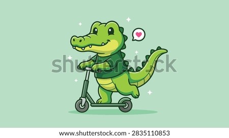 A friendly green crocodile character happily riding a small kick scooter. It has a big smile, large eyes, and is wearing a dark green t-shirt.