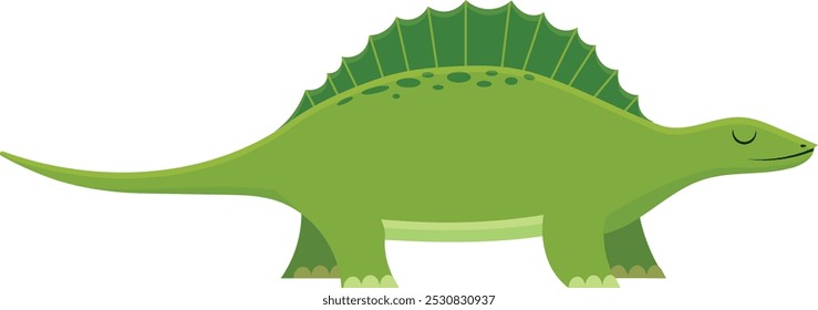 Friendly green dimetrodon dinosaur happily walks to the right on a white background, perfect for kids education and fun