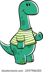 Friendly green dinosaur with striped tshirt