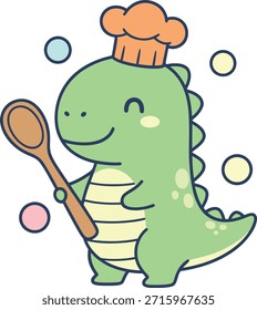 A friendly green dinosaur wearing a chef hat and holding a wooden spoon. Cute kawaii dino vector illustration for children's recipe books, stickers, and kitchen decor.
