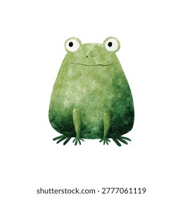 A friendly green frog with large white eyes and simple watercolor texture