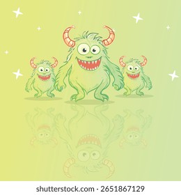 
Friendly Green Hairy Monsters with Horns and Reflection
