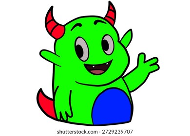 Uma simpática ilustração de monstro verde com chifres vermelhos, uma barriga azul e uma cauda vermelha. Este personagem de desenho animado bonito está acenando a mão com um sorriso alegre, isolado em um fundo branco, perfeito para materiais educacionais infantis e desenhos de mascote.