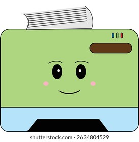 A friendly green printer with kawaii expression and a paper output, perfect for school or document illustrations.