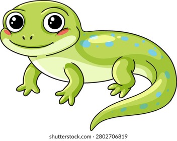 A friendly green salamander cartoon character with blue spots in a clean vector art style