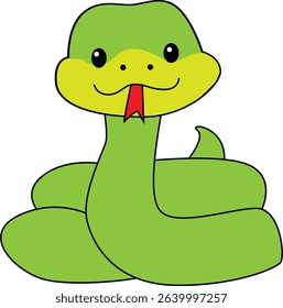 Friendly Green Snake Cartoon Illustration with Cute Smile and Red Tongue – Fun Animal Character for Kids and Education Projects