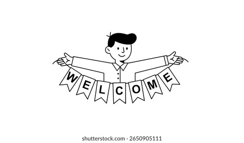 Friendly greeting with a banner displaying the word welcome for visitors