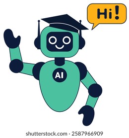 Friendly greeting from chatbot robot in graduation cap