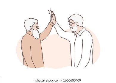 Friendly greeting concept. Happy old men friends are together and greet each other with high five. Illustration of true friendship. Two pensioners are excited meet each other. Simple flat vector