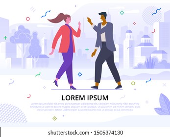 Friendly greeting flat banner vector template. Smiling colleagues, college students cartoon characters. Friends meeting, communication concept. Woman and man waving hands illustration with text space