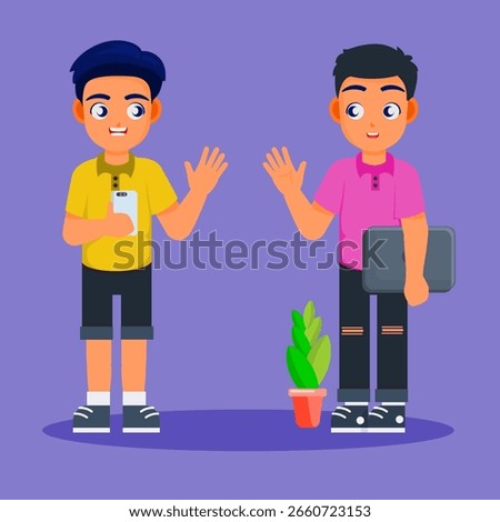 Friendly Greetings: Two friendly male figures, their faces lit with genuine warmth and approachability, wave in a welcoming gesture.