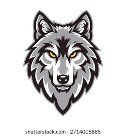 Mascota de cabeza de lobo gris amistoso con ojos amarillos
